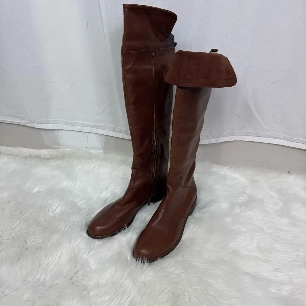 NEW Nine West Cognac Brown Noriko Leather Knee High Riding Boots Size 9.5M